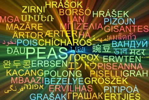 Peas multilanguage wordcloud background concept glowing Stock Illustration