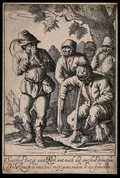 A peasant man sits on a tree stump vomiting and onlookers hold their noses,.. Stock Illustration