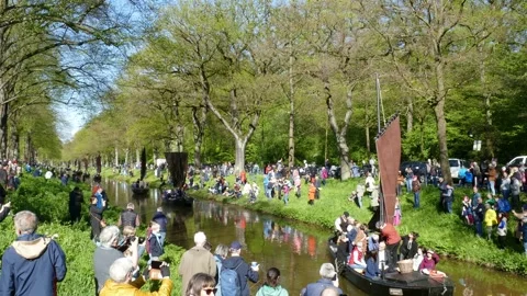 Peat barge armada, historic peat barges, Bremen, Germany Stock Footage 240099596