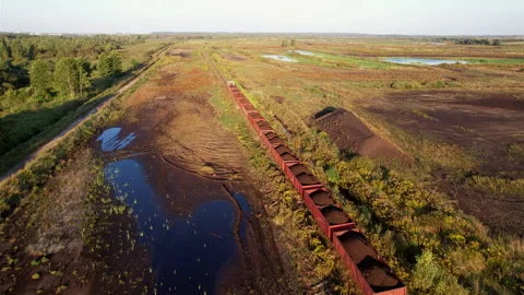 Peat transportation in freight wagons from peat extraction. Видео 219824277