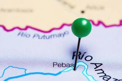 Pebas pinned on a map of Peru Stock Photos