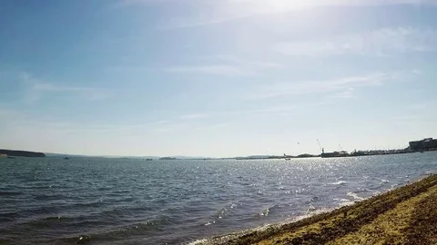 Pebble beach with algae over the ocean, beautiful blue water Stock Footage 78517204