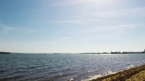 Pebble beach with algae over the ocean, beautiful blue water Stock Footage 78517244