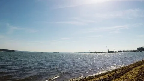 Pebble beach with algae over the ocean, blue water, waves washing the shore Stock Footage 78517435