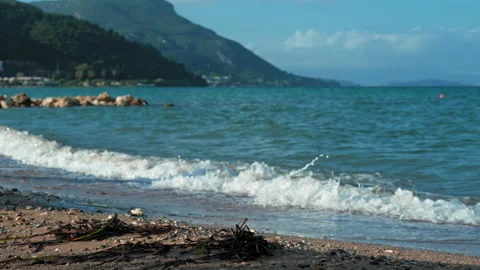 Pebble Beach And Sea Waves Of Ionian Sea, Moraitika, Corfu, Greece. Stock Footage 221580127