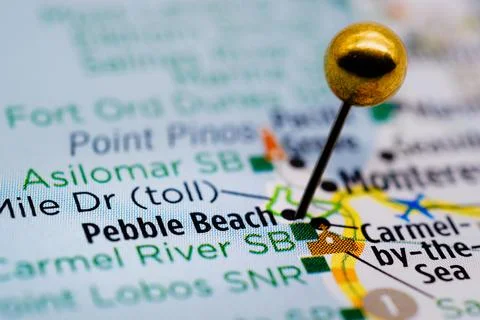 Pebble Beach, CA US USA Map Pin Close-Up.. Stock Photos