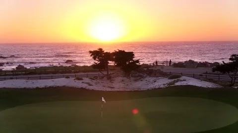 Pebble Beach Golf Course at Sunset by Aerial Drone Stock Footage 80965815