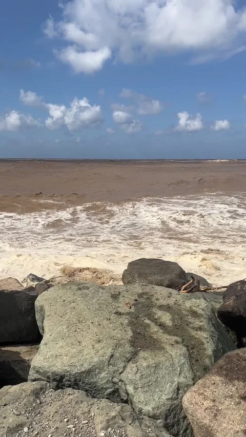 A pebble beach polluted with plastic waste, with the coastline after a storm  動画素材 341759646