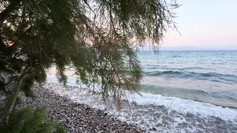 Pebble beach at sunset with waves in Greece Vídeo Stock 314955603