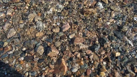 Pebbled lakebed seen through clear rippled lake Baikal transparent water natural Stock Footage 157518336