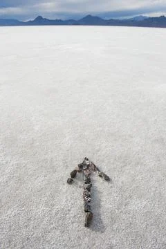 Pebbles arranged on salt flat in the shape of an arrow. Stock Photos