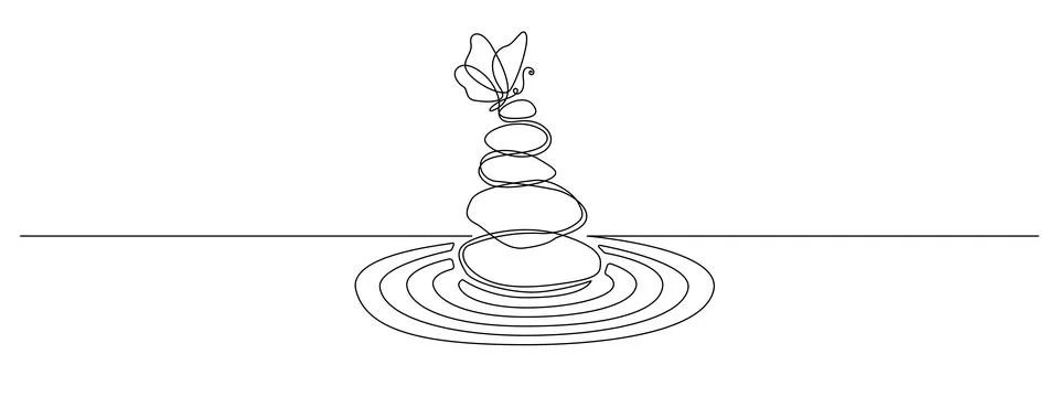 Pebbles with butterfly in one continuous line drawing. Zen Balance and Stock Illustration