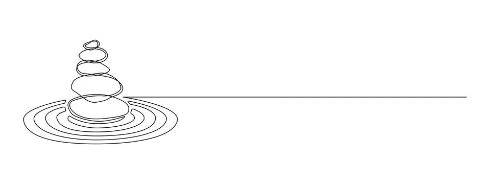 Pebbles with circles in sand in one continuous line drawing. Balance and Illustrazione stock