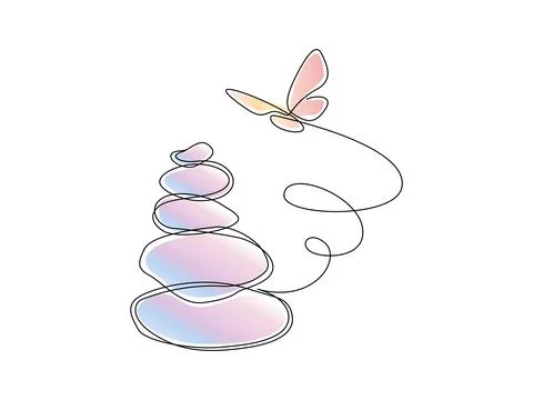 Pebbles with flying butterfly in one continuous line drawing. Zen Balance and Stock Illustration