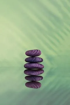 Pebbles, palm leaf, reflection. Calm and relax concept. Stock Photos