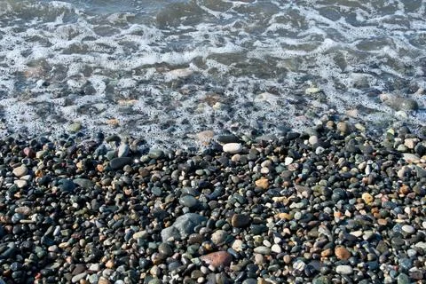 Pebbles on the seashore as an abstract background. Stock Photos