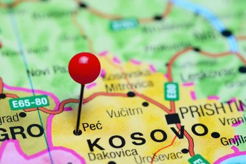 Pec pinned on a map of Kosovo Stock Photos