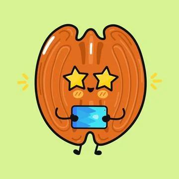 Pecan nut mascot holding tablet with star eyes Illustrazione stock