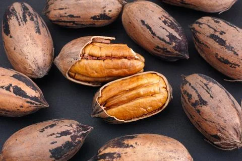 Pecan nuts on a black background Stock Photos