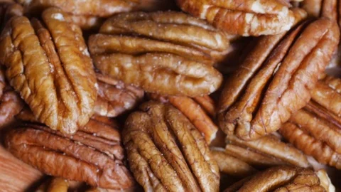 Pecan Nuts, close up rotation, overhead Stock Footage 76438433
