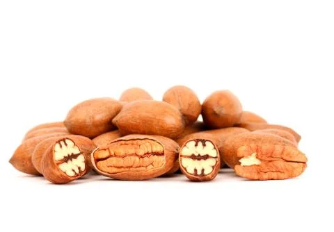 Pecan Nuts with detail on full section and core Stock Photos