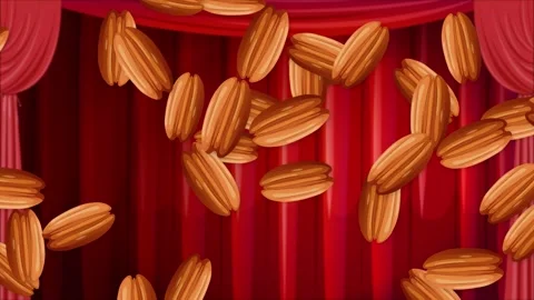 Pecan Nuts Falling Against a Red Theater Stage Curtain Background Stock Footage 344845997