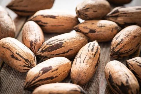Pecan Nuts In Shell On Wood Table Stock Photos