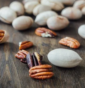 Pecan nuts on table Stock Photos