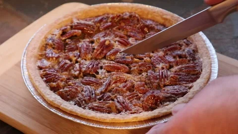Pecan Pie or Chess Pie Cutting Knife Roasted Nuts Fresh Pie Real Time Motion Stock Footage 145874733