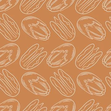 Pecan seamless pattern in line art style. Hand drawn vintage print on brown Stock Illustration