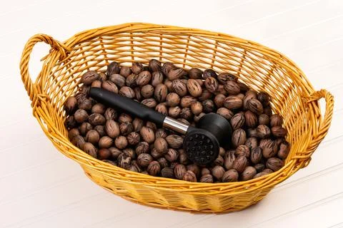 Pecans in Wicker Basket Stock Photos