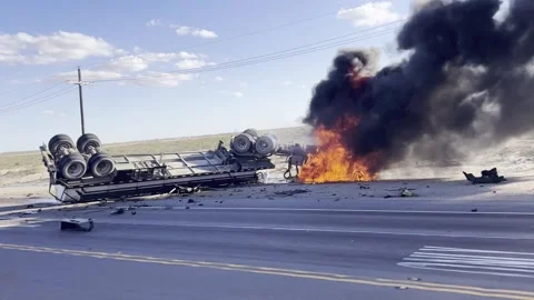 Pecos, TX - October 15 2025 - A fully engulfed Truck at a serious oil tanker Stock Footage 321432091