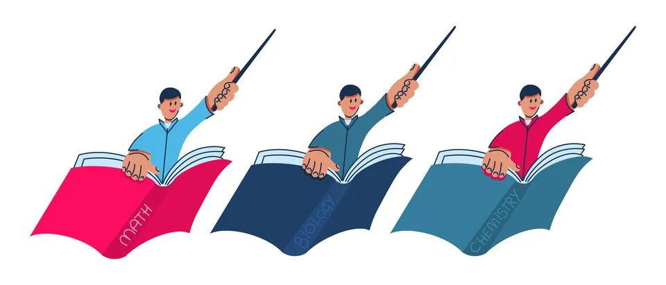 A pedagogue with a pointer in his hand flies on a book Stock Illustration