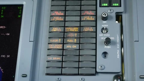 Pedestal close up shot of master warning system of expensive jet Hawker 750. MWS Stock Footage 254577542