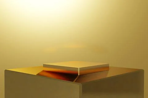 Pedestal display with cube and background in abstract gold with box support c Stock Illustration