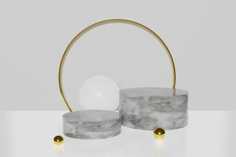 Pedestal display on white background, marble cylinders and gold circle with b Stock Illustration