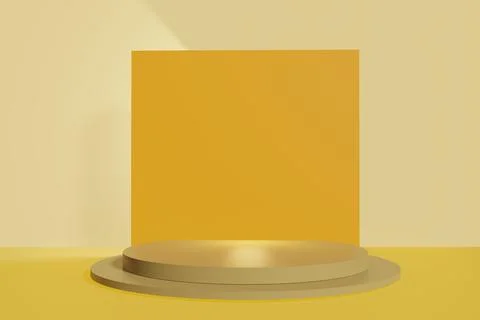 Pedestal display on yellow background with box stand concept. Podium for bran Stock Illustration