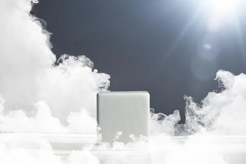 A pedestal in the form of a white cube on a gray background with sun rays a.. Stock Illustration