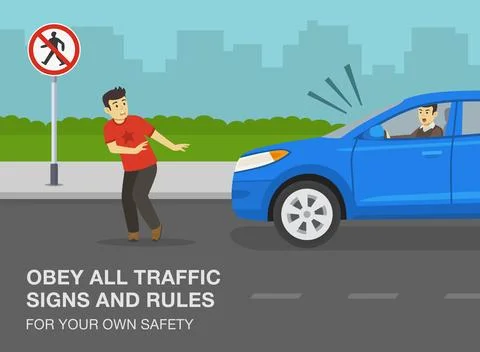 Pedestrian about to be hit by suv on a city road. Obey all traffic signs. Stock Illustration