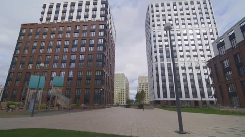 Pedestrian area in business district includes playground FPV Stockbeeldmateriaal 291322589