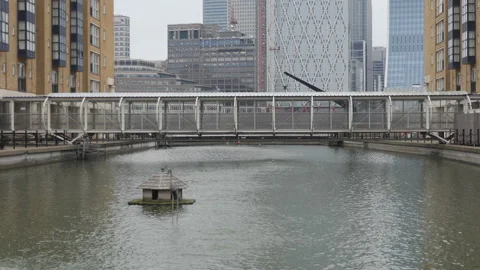A pedestrian bridge across a river with buildings in a background. Stock Footage 101473515