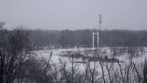 Pedestrian bridge across the river, winter Stock Footage 75281004