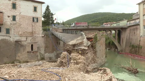 Pedestrian bridge collapsed after the flood Stock Footage 264337126