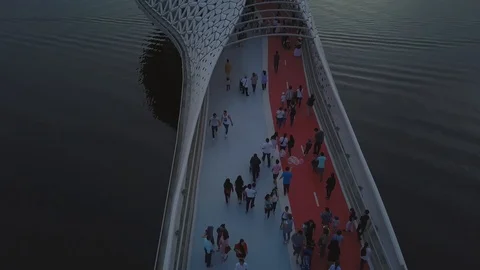 Pedestrian bridge fish over the river, Astana Stock Footage 102393797