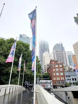 Pedestrian bridge with flag Foto stock