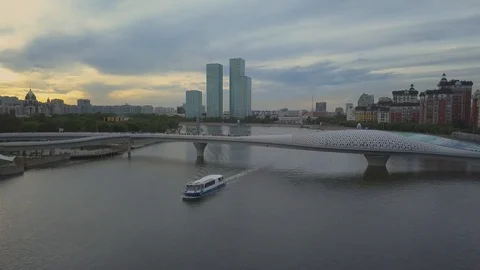 Pedestrian bridge in the form of fish over the Esil River, Astana Stock Footage 102393043