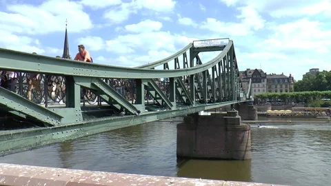 Pedestrian Bridge over River in Central Frankfurt Stock Footage 78209382