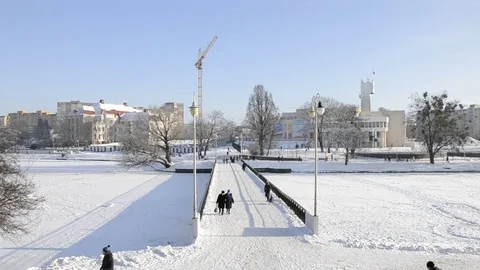 Pedestrian bridge through the Lower lake in Kaliningrad Stock Footage 84856891