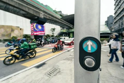 Pedestrian button or traffic light button at intersection or crosswalk Foto stock