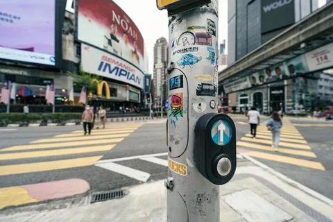 Pedestrian button or traffic light button at intersection or crosswalk Stock Photos